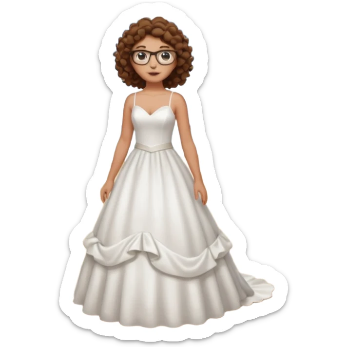 Chica blanca, pelo rizado, gafas, vestido novia playa cuerpo entero, pelo castaño sticker