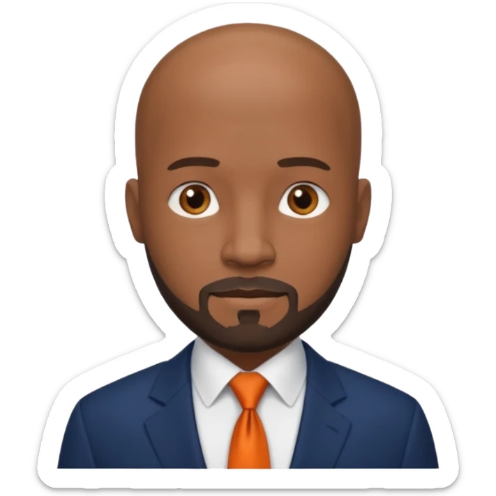 headshot of a sophisticated, stylish, bald head Caribbean black man with a beard and goatee in a navy blue suite, white shirt and dark orange tie sticker