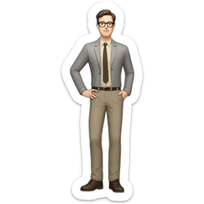 Full height Pale skinned Fit Man With dark brown hair in gray jacket, beige office shirt, tie, Brown pants and vintage glasses. Thrumbs of his palms directed up sticker