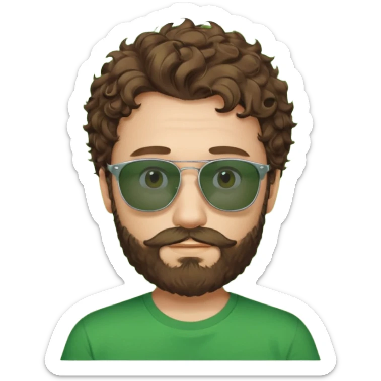 a self asured white male. brown hair. green t-shirt. blue background 5 days beard. sunglasses. longer curly hair sticker