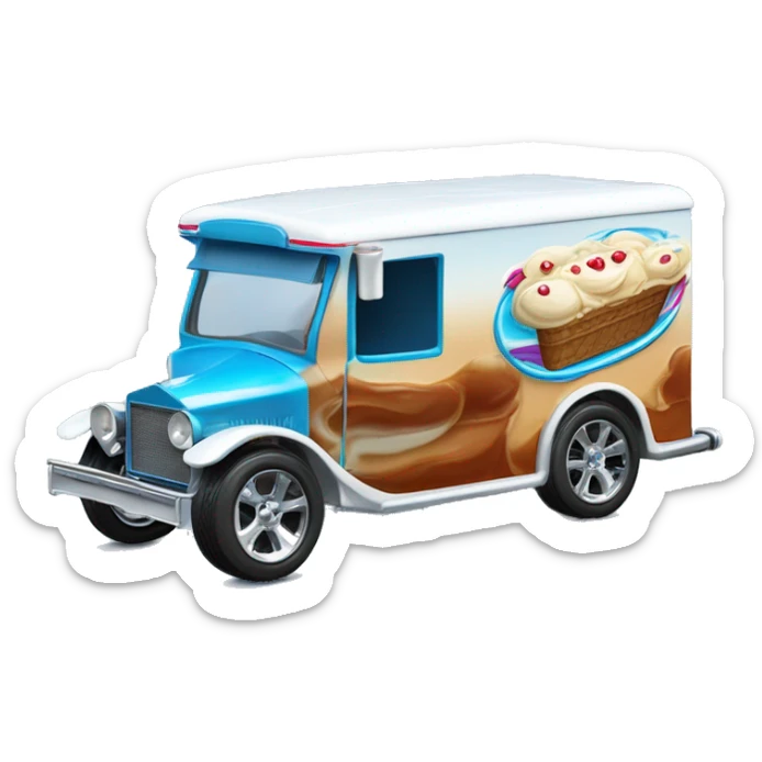 Hot wheels style, ice cream truck from 1912 with wide chrome mag wheels, blue, no ice cream on top of truck sticker