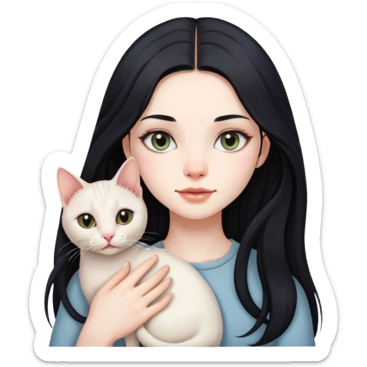 Beautiful girl with long black hair holding a hairless cat sticker