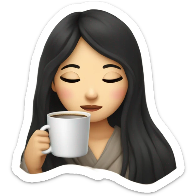 Asian girl inside a blanket sipping coffee eyes closed black hair sticker