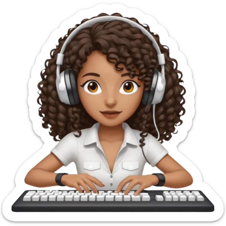 Brown skin Spanish girl with long dark curly hair, wearing a white gaming headset and playing on keyboard with a gaming mouse in one hand sticker