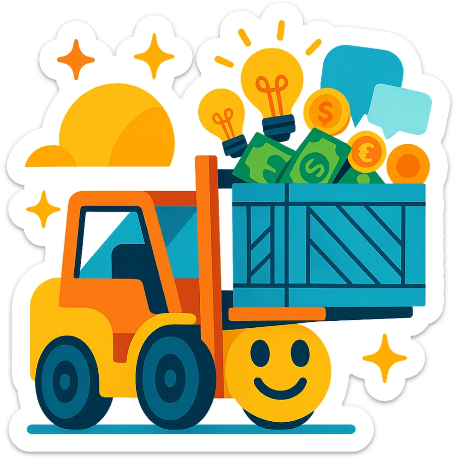 emoji with a smiling forklift lifting a crate filled with symbols of ideas (light bulbs), money (bills and coins), and speech bubbles, in a positive and dynamic atmosphere sticker