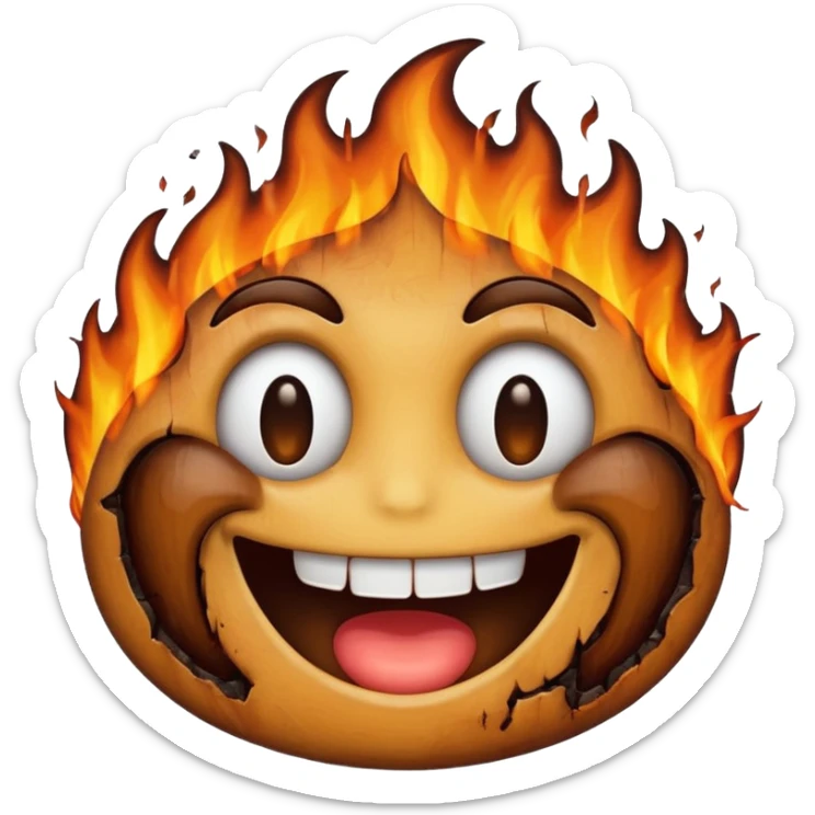 A emoji with half of his face where his left eyes at is burnt with the emoji having a big grin sticker