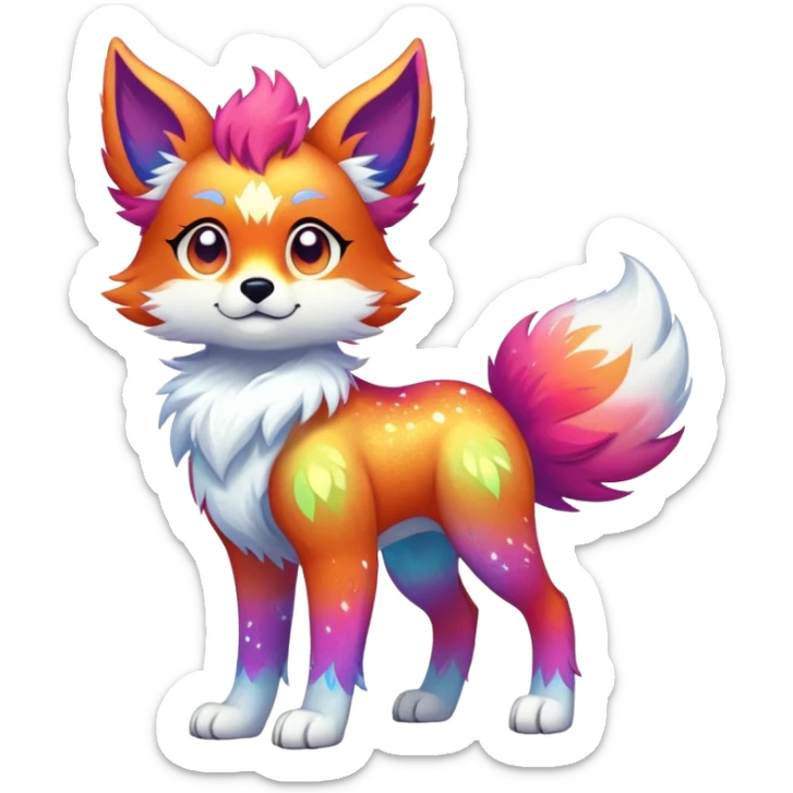 Vibrant multicolored Falvie-Fionbri-creature-sparkle-canine-fursona, full body sticker
