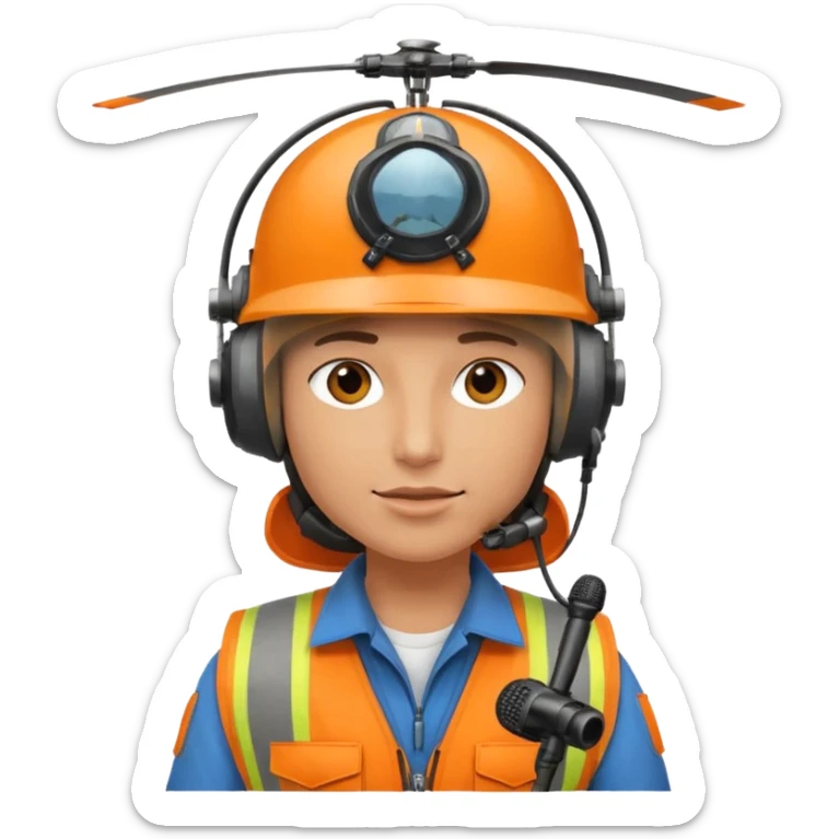 Helikopter-Flughelfer mit Oranger Weste und Helikopter Flug Helm auf dem Kopf inkl. am Helm integrierten Mikrofon vor dem Gesicht. sticker