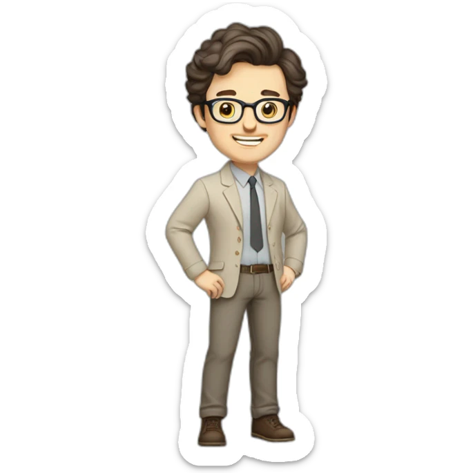 Joyful Full height Pale skinned Fit Man With dark brown hair in gray jacket, beige office shirt, Brown pants and vintage glasses. His thrumbs up sticker