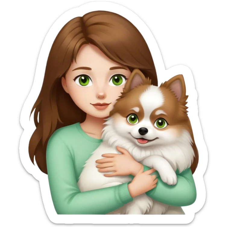A girl with brown hair and green eyes hugs a white German Pomeranian dog sticker