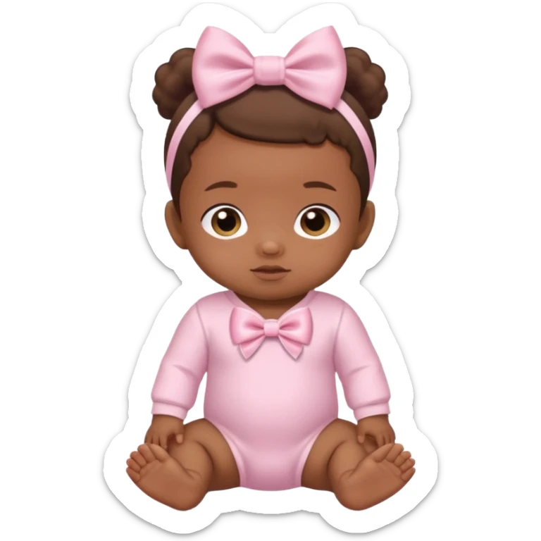 Brown skin baby with satin baby pink onesie and white bow sticker