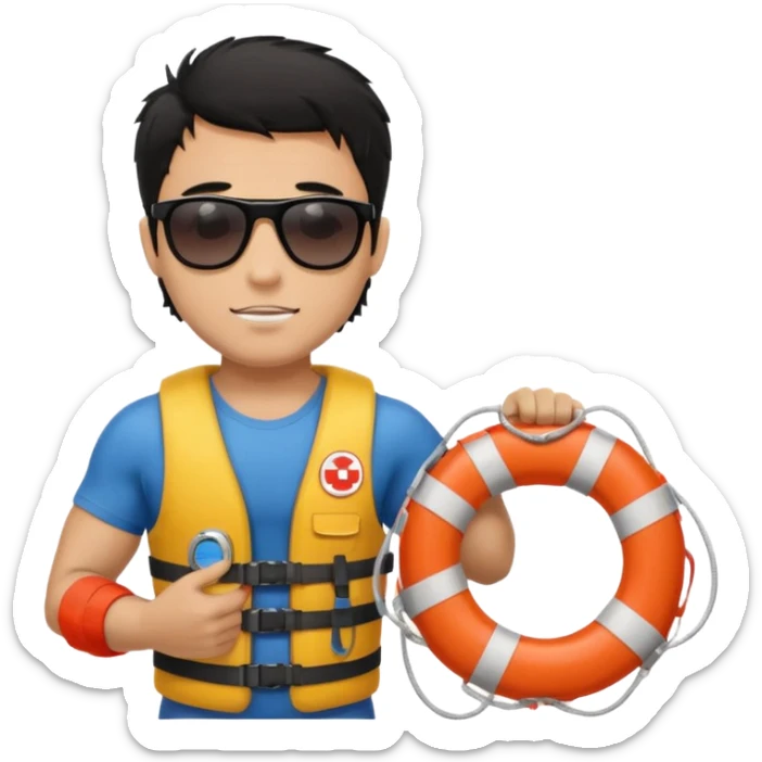 Dark Tan Muscular lifeguard with messy black hair with sunglasses, with life preserver sticker
