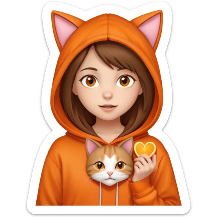 Una niña piel blanca, pelo castaño y lacio, ojos color miel, con un poleron naranja que en el gorro tiene una cara y orejas de gato, mordiendo un corazón naranja  sticker