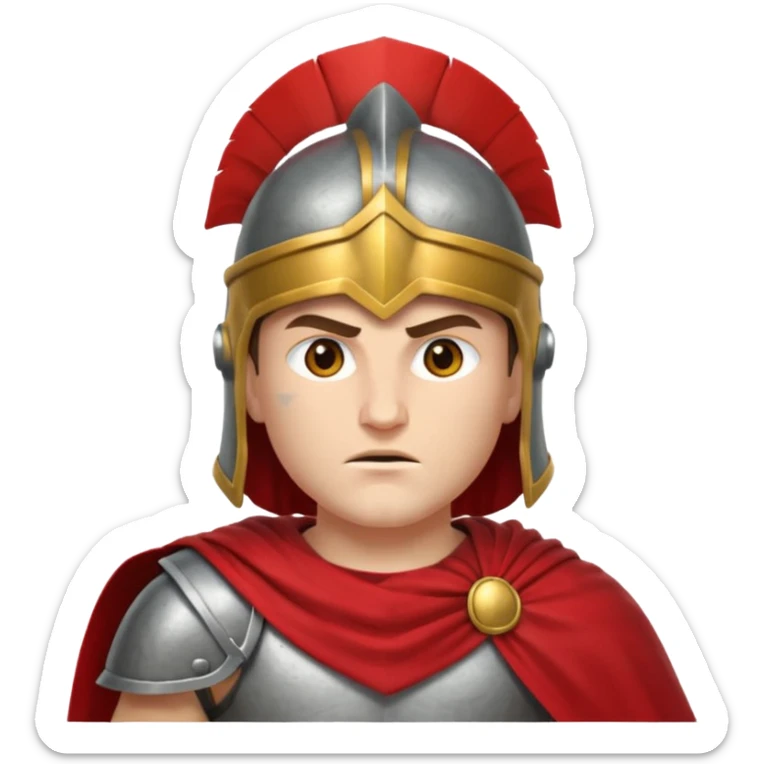 Emoji portrait of a Spartan warrior. Crested helmet, red cloak, determined expression. sticker