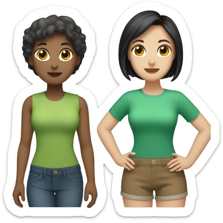 Two lesbians One has shorts boyish black hair with brown hair and the other has a light brown bob cut with green hair sticker