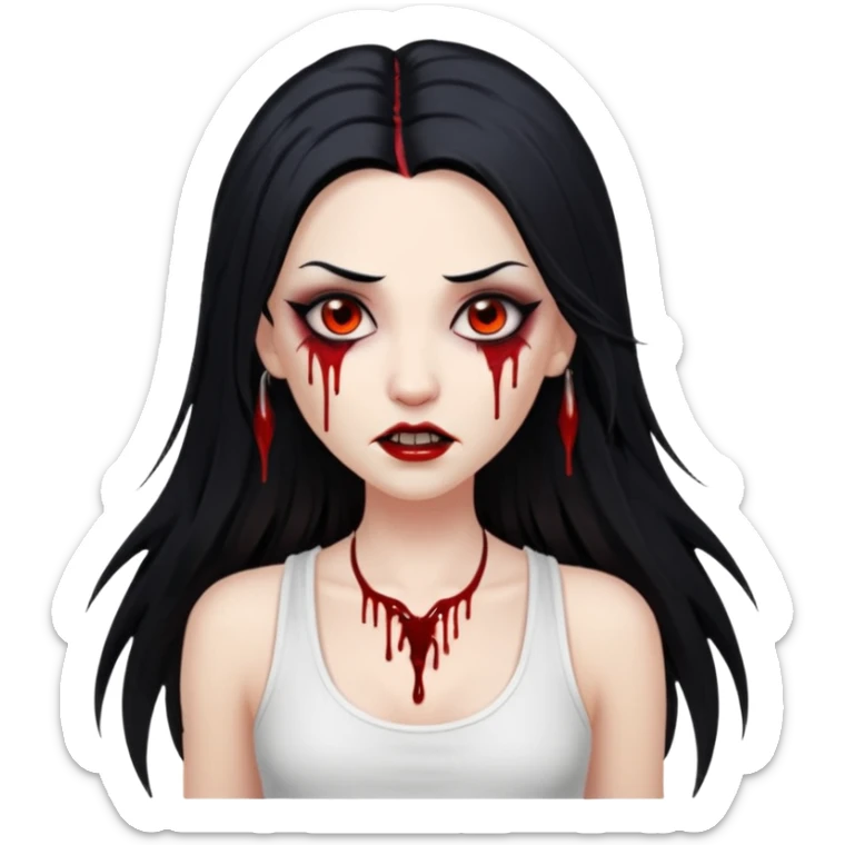 White woman with a white tank top long black hair glossy middle part long hair vamp look with fangs or blood dripping brown eyes eyeliner winged with lashes top and bottom sticker