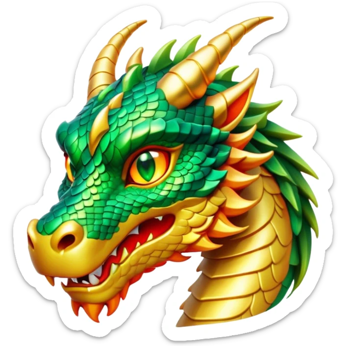 Cinematic Noble Dragon Portrait Emoji, Poised and majestic, with a sinuous, elongated body covered in intricately detailed, shimmering scales in hues of emerald and gold, and piercing, fiery eyes that reflect ancient wisdom; rendered with lifelike texture and natural highlights, high shine, intelligent and formidable, styled with an aura of mythic power, focused and attentive, soft glowing outline, capturing the essence of a legendary dragon that appears ready to soar out of the screen with timeless authority! sticker