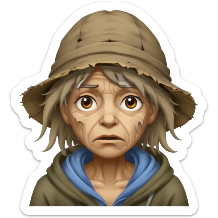 very dirty looking homeless woman with ripped hat and face with ugly hair sticker