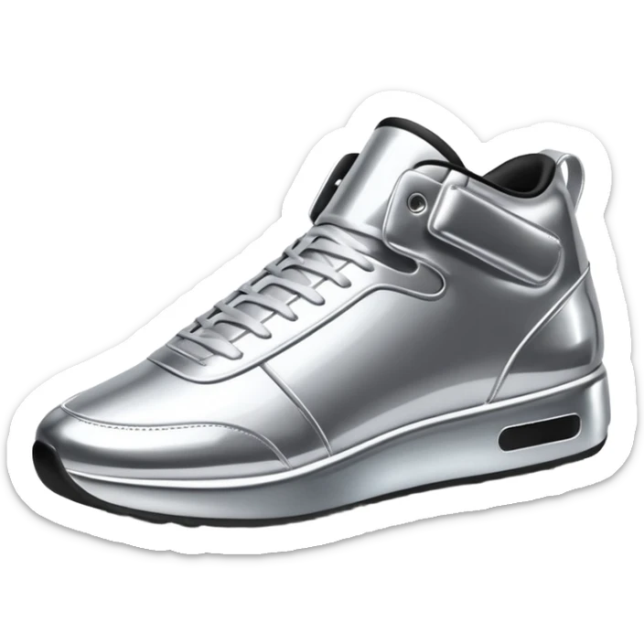 A pair of futuristic sneakers emoji made of silver chrome, sleek streetwear design, smooth metallic panels, subtle reflections, luxury swag aesthetic, iOS emoji style, centered, clean white background sticker