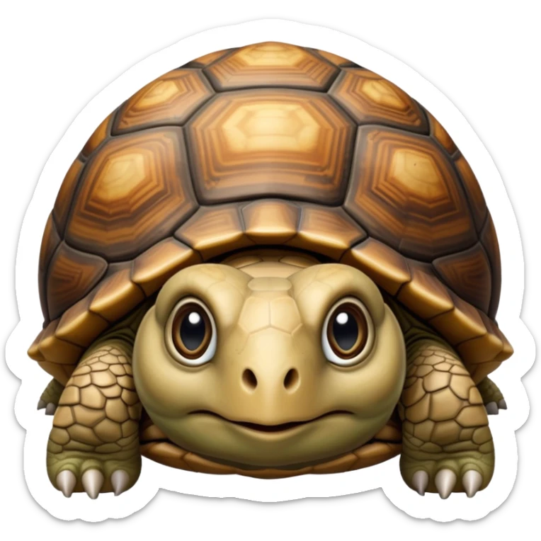 cinematic-tortoise-realistic--emoji,-sturdy-domed-shell-in-rich-earthy-tones,,-wrinkled-wise-face-peering-ahead-with-calm-determination,-cute large-eyes-reflecting-centuries of wisdom, zoomed into its face sticker