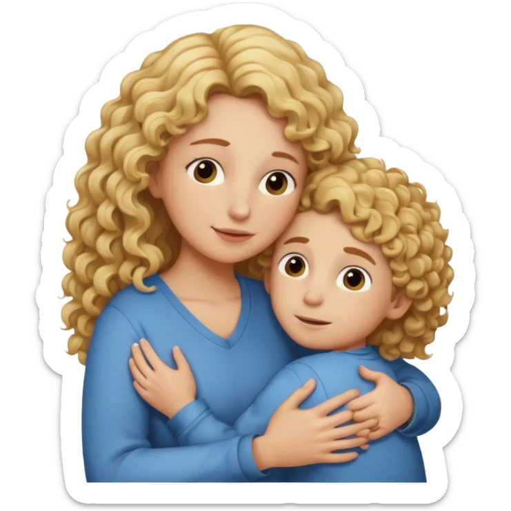 a mother with blond curly long hugging his son with brown hair and like saying its okay sticker