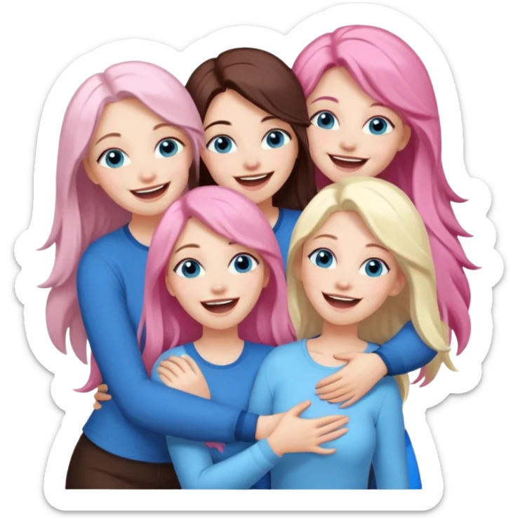 four adult white women laughing and hugging.  Two have long dark brown hair.  One has long pale pink hair and blue eyes. one has with blue eyes and light blonde hair. sticker