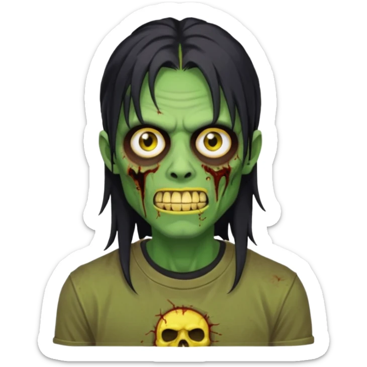I want you to give me a zombie man and his skin its green who has golden teeth, yellow eyes, eyebrows and black hair, the hair I want to be a long modcut cut and is wearing a brown affliction T-shirt and thin circular lenses sticker