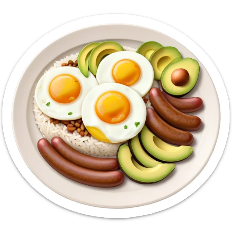 Bandeja Paisa Cinematic Realistic Bandeja Paisa Dish Emoji, depicted as a hearty platter featuring rice, beans, avocado slices, one sausage, a perfectly cooked egg, and crispy pork crackle, rendered with vivid textures and robust, inviting lighting. sticker