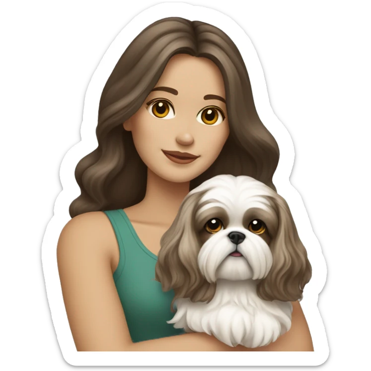Young brunette hair woman with a cream shih tzu in her arms long wavy hair sticker