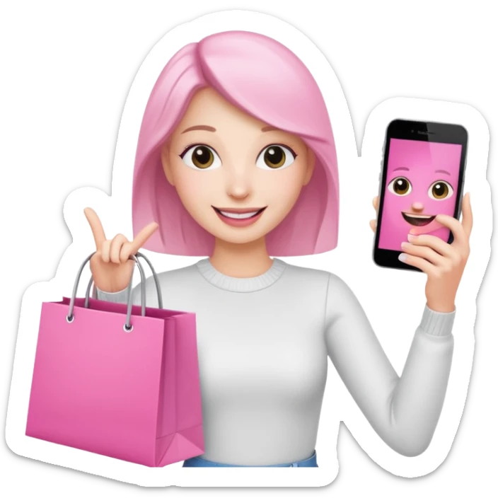 white skin influencer taking selfie with a pink shopping bag sticker