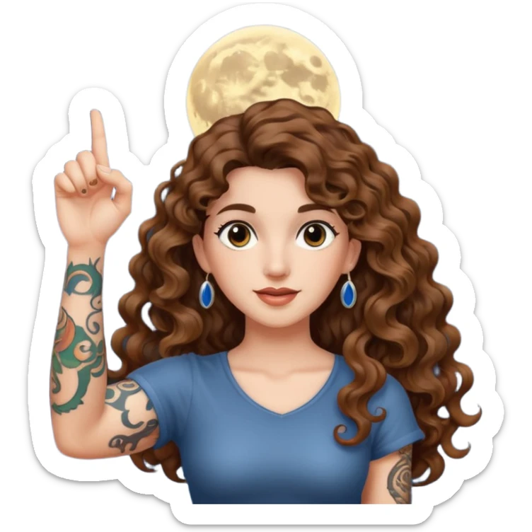 moon symbol discovery — long wavy brown hair tattooed woman and short tight curly brown hair woman — pointing up sticker