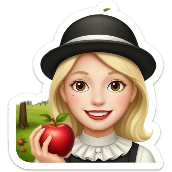 please may you generate the happiest girl emoji but she has a secret quarter of the face like phantom of the opera thats slightly menacing and its in an apple orchard and there is a mime hiding in the back sticker