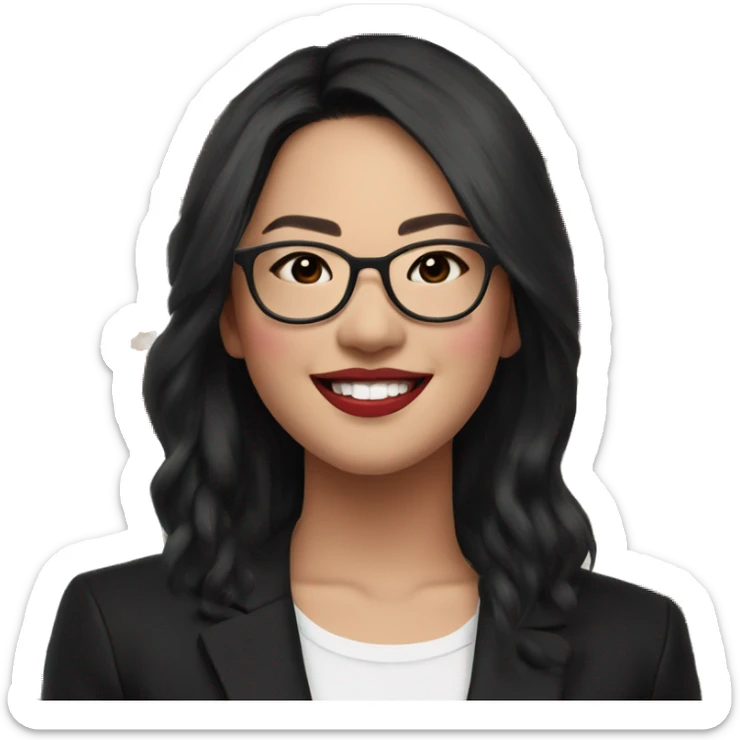 Asian girl, smiling with teeth, fair skin, black long hair, black eyes, black glasses with gold frames, red lipstick, wearing a white lace tank top and a black office jacket on top, with pink and red roses around her sticker