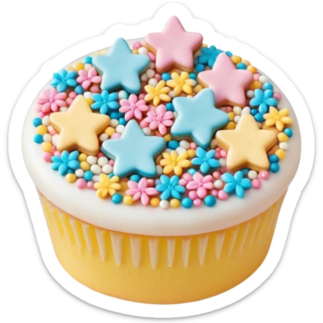 small scatter of colorful sprinkles, sugar pearls, and tiny fondant shapes (stars, hearts, flowers), glossy pastel and bright tones, textures vary smooth crunchy or soft, delicately detailed shapes, soft lighting, subtle shadows, transparent background, emoji scale sticker