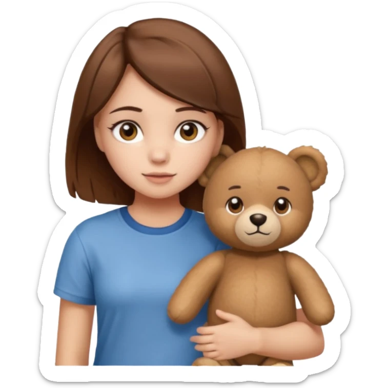 A Girl with Brown hair and Brown eyes with a t-shirt of a Teddy bear sticker