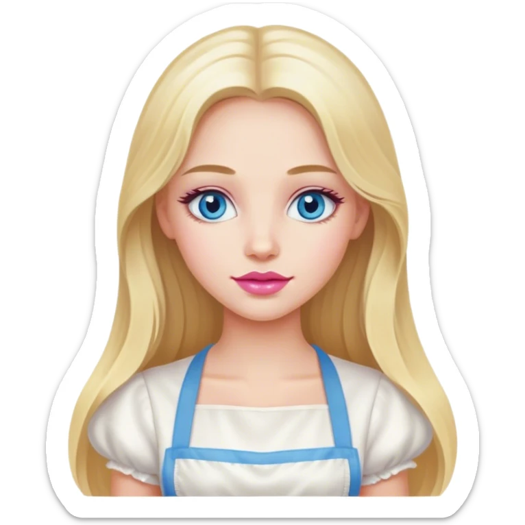 Cinematic realistic beautiful blonde with long hair, blue eyes and pink lips in a white dress cooks sticker
