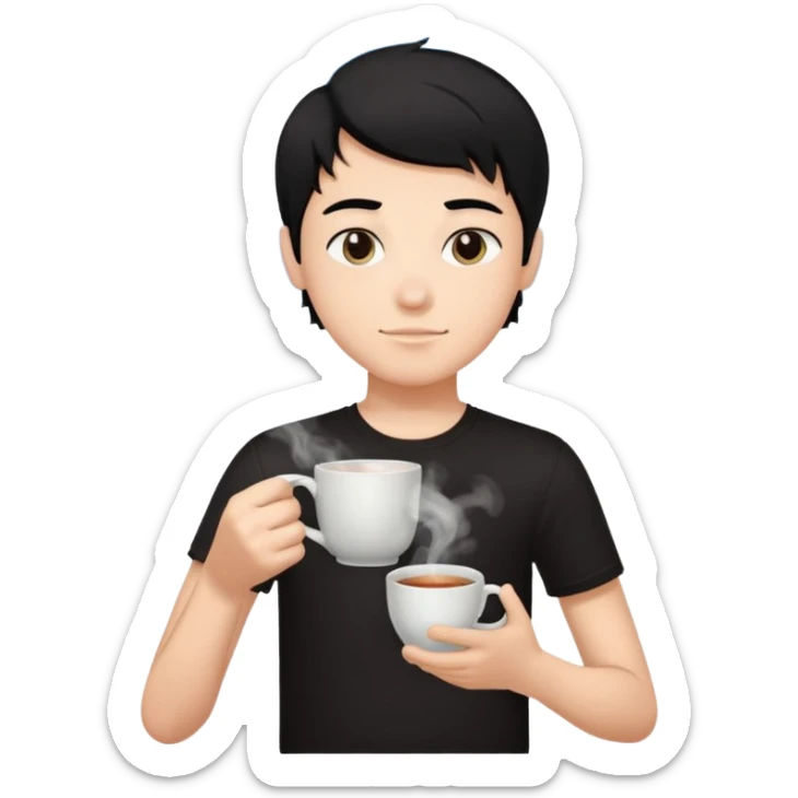 The boy teen have a black hair, and black T-shirt with a cup of tea. Sky blue background  sticker