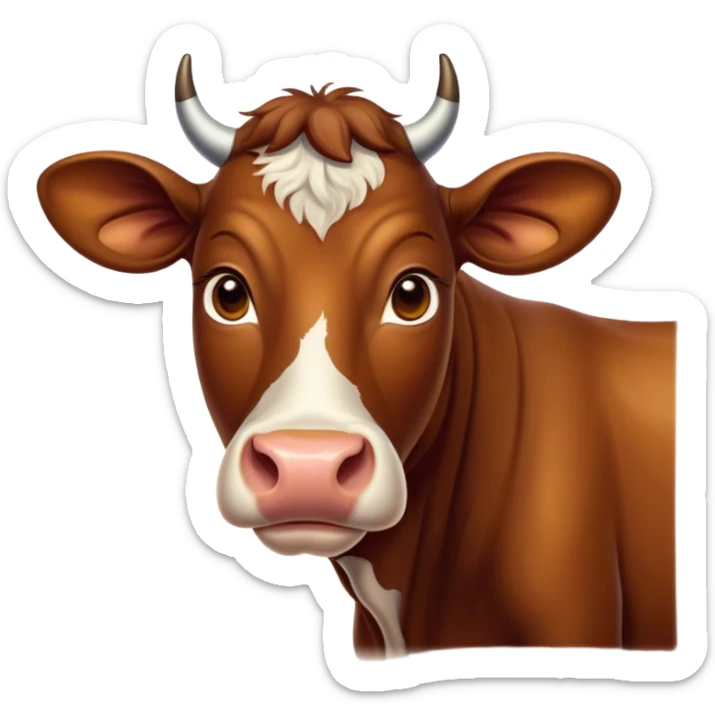Cinematic Noble Brown Cow Portrait Emoji, Poised and regal, with a large, sturdy build and a smooth, well-groomed deep brown hide, deep-set soulful brown eyes, Simplified yet sharp and sophisticated features, highly detailed, glowing with a soft, dignified glow, high shine, intelligent and calm, stylized with an air of pastoral majesty, focused and attentive, soft glowing outline, capturing the essence of a watchful and confident bovine guardian, so majestic it feels as though it could amble out of the screen with effortless authority! sticker