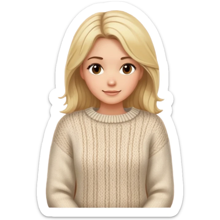 A half-body image of a woman with medium-length blonde hair, wearing a cozy knitted sweater. She has a warm and friendly expression, with a rustic wooden background and soft sunlight sticker