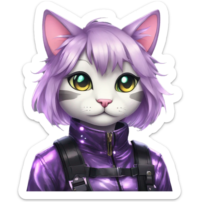 Gorgeous sparkly shiny colorful dark techwear anime style anthro cat with blushing face aesthetic and pretty edgy black with collar and harness trending style sticker