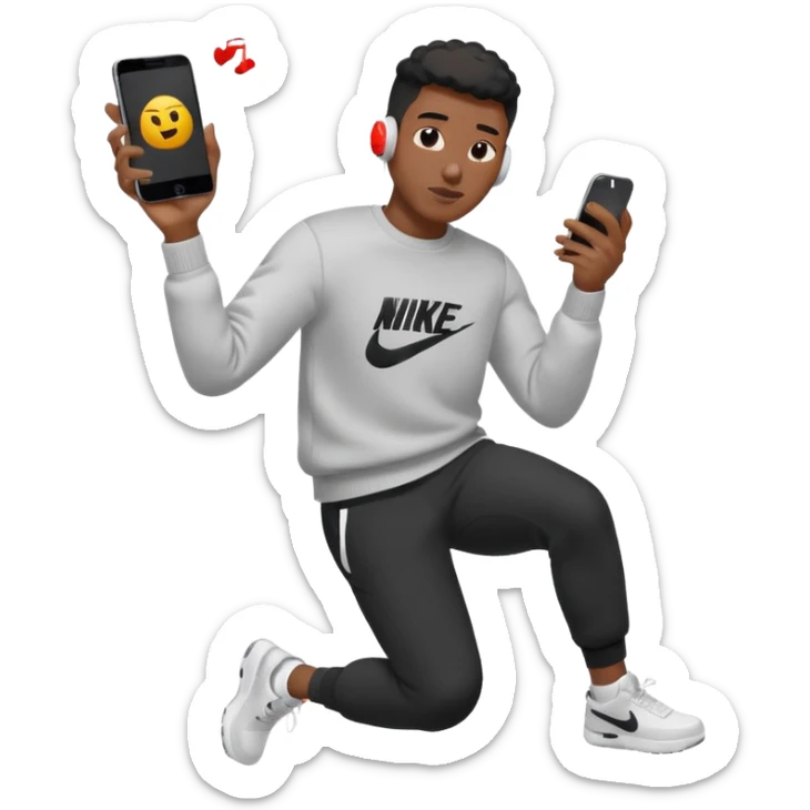 un emoji (qui ressemble à un vrai emoji téléphone)de quelqu'un qui tombe (homme noir pull Nike)il a des airpods sticker