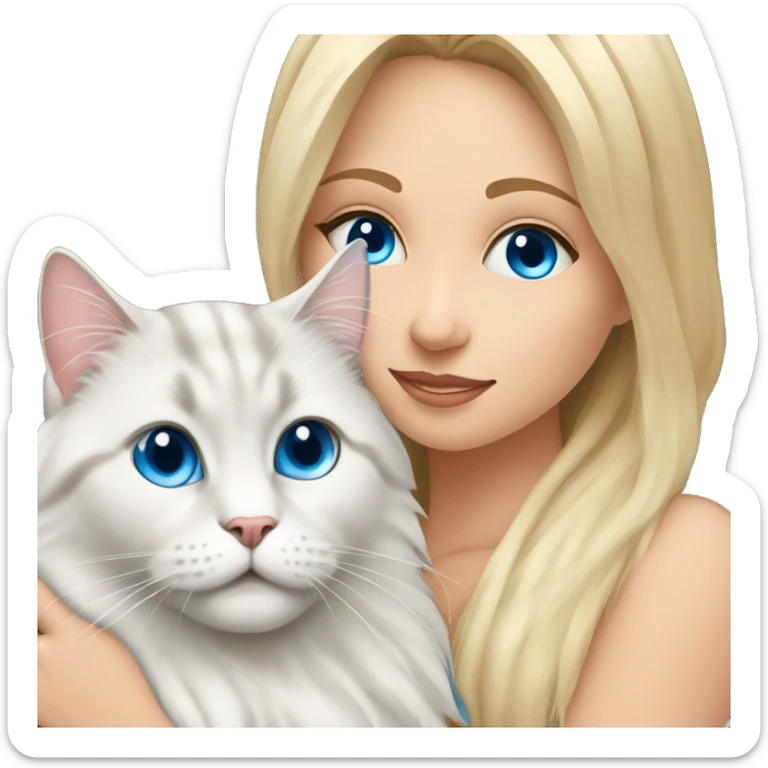 Pretty Blonde haired blue eyed woman snuggling a Siberian cat with blue eyes  sticker