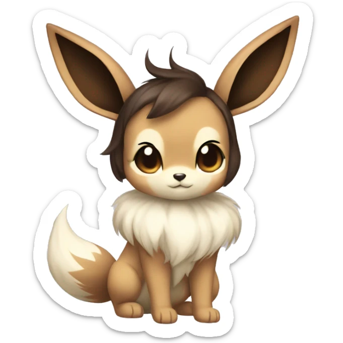 Kawaii Pale Shiny Eevee with dark brown long emo hair covering her eyes Full Body sticker