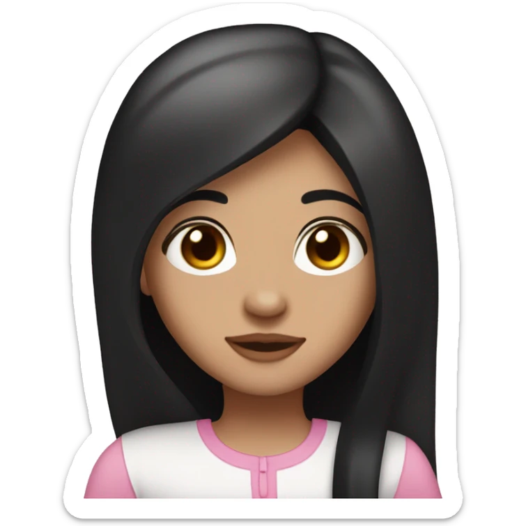 Pale extra white, long black straight hair, brown eyes, pink accessories, freckles, small nose,  sticker