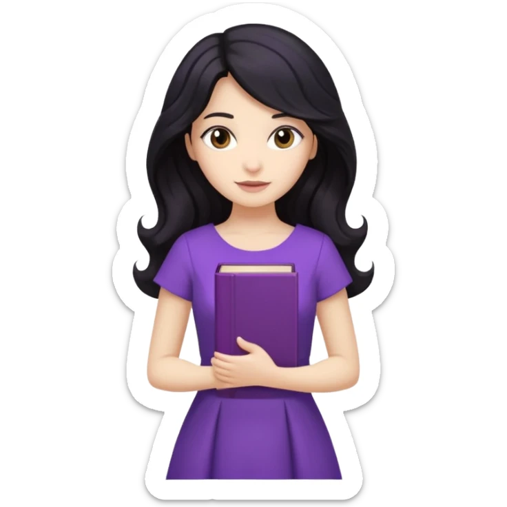 Long Hair Women with purple Book, Black wavy hair, beige dress sticker