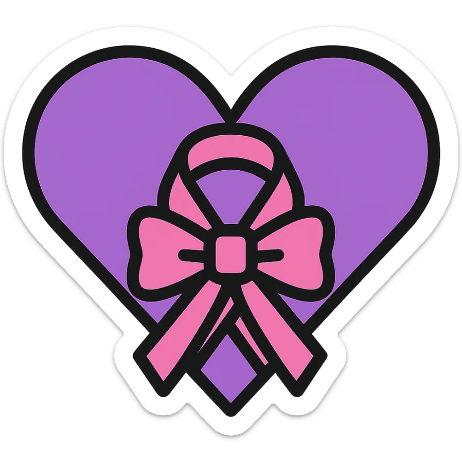 Add a bow to the ribbon on the purple heart, keep the color outline icon style, with no background. sticker