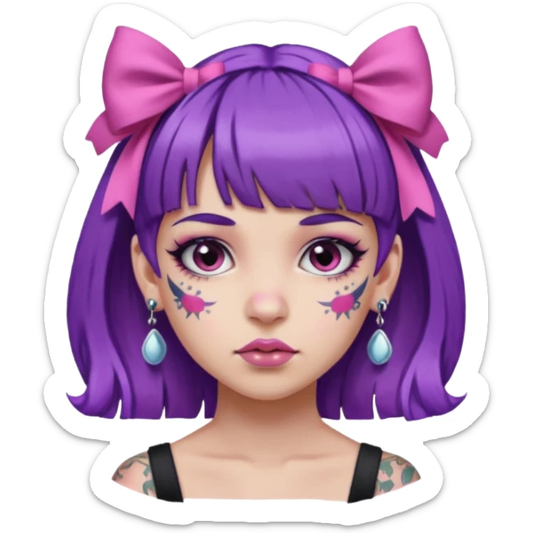 girl with bangs and purple hair and pink hairbow on the side of head and earrings and heavy face tattoos sticker