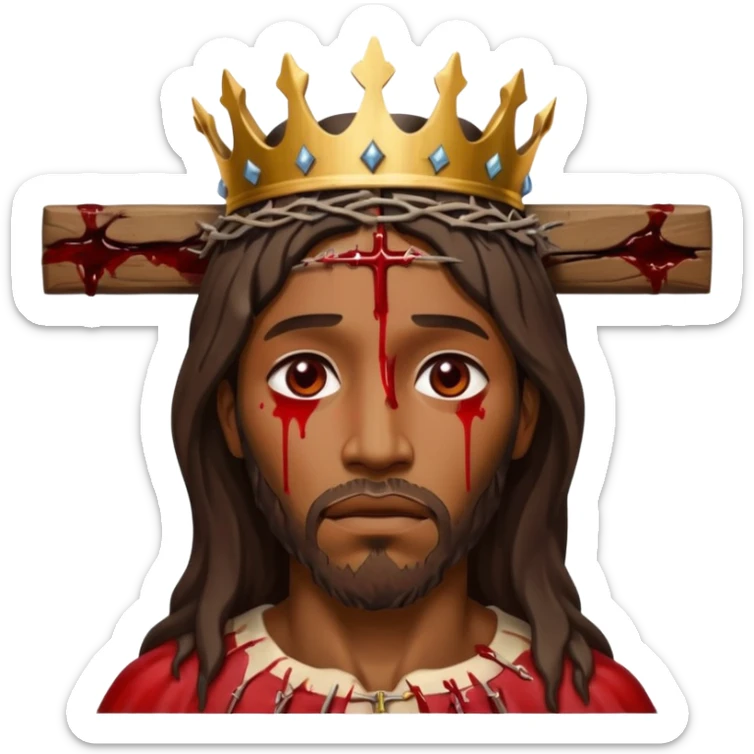 African American Jesus Christ bleeding on wooden cross with crown of thorns on his head sticker