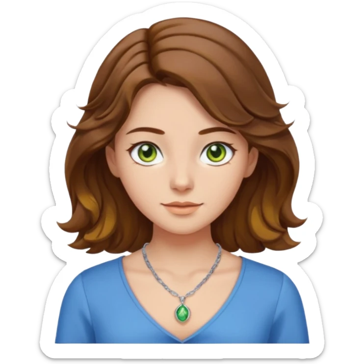 girl with brown, wave, middle hair, green- yellow eyes in white top with blue blouse and selver necklace sticker