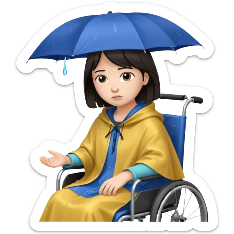 Girl with dark hair  in a wheelchair with rain poncho sad  sticker